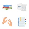 A pile of books in different languages, sheets of paper with translation, a gesture of deaf mutes, a notebook with text Royalty Free Stock Photo