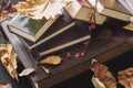 Pile of books frame, sunny fall day, autumn background, colorful leaves, romantic mood. Concept of back to school Royalty Free Stock Photo