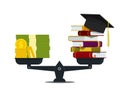 Pile of books with money on scales. Financial investment in knowledge, education concept. High worth of student education. Stack Royalty Free Stock Photo