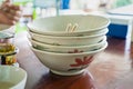 A pile of bowl of noodles that have been eaten. Empty bowl Royalty Free Stock Photo