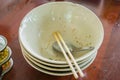 A pile of bowl of noodles that have been eaten. Empty bowl Royalty Free Stock Photo