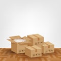 Pile boxes brown placed on the parquet floor in the room empty, cardboard carton box and copy space banner ad, stack cardboard box Royalty Free Stock Photo