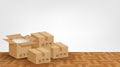 Pile boxes brown placed on the parquet floor in the room empty, cardboard carton box and copy space banner ad, stack cardboard box Royalty Free Stock Photo