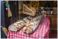 Pile of bread in the bakery in small town Ribeauville, Alsace, France