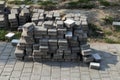 A pile of bricks on a new brick road Royalty Free Stock Photo