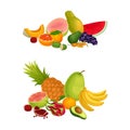 Pile of Bright and Juicy Tropical Fruit with Pineapple and Banana Vector Set