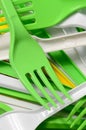 Pile of bright yellow, green and white used plastic kitchenware appliances Royalty Free Stock Photo