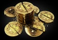 Pile of broken or cracked Bitcoin coins laying on black background. Bitcoin crash concept. 3D rendering