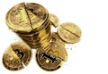 Pile of broken or cracked Bitcoin coins laying on white background. Bitcoin crash concept. 3D rendering
