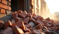 Pile of broken red bricks and debris from a collapsed building. Dust floats in the air with sunlight in background. Close-up view Royalty Free Stock Photo