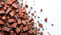 Pile of broken red bricks on white backdrop. Debris of building material with concrete. Abstract design shows destruction. Royalty Free Stock Photo