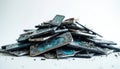 Pile of broken smartphones with cracked screens, exposed internal circuits. Discarded tech devices represent electronic waste, Royalty Free Stock Photo
