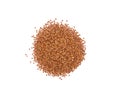 Pile of brown buckwheat, heap of uncooked dry buckwheat grains, isolated on white background, top view