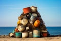 Pile of buckets and barrels sitting on top of beach. Generative AI Royalty Free Stock Photo