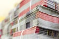 Pile of bundled magazines in offset print plant delivery department Royalty Free Stock Photo