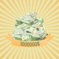 Pile of bundles with money with million dollars win vector illustration on vintage stripped background. Business