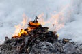 A pile of burned paper with a fire in the middle Royalty Free Stock Photo