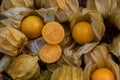 Pile of cape gooseberry on sale in the market. Physalis Fruits on a black basket background.