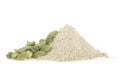 Pile of cardamom powder and dried cardamom pods isolated on a white background. Spice green cardamom. Royalty Free Stock Photo