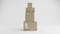 Pile of Cardboard Boxes Collum, For Package, Shipping and Delivery, With Signs and Labels, Blue Background, Frontal View