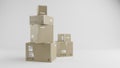 Pile of Cardboard Boxes Collums, For Package, Shipping and Delivery, With Signs and Labels, Blue Background, Frontal View