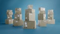 Pile of Cardboard Boxes Collums, For Package, Shipping and Delivery, With Signs and Labels, Blue Background Royalty Free Stock Photo