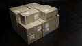 Pile of Cardboard Boxes For Package, Shipping and Delivery, Organized, With Signs and Labels, Black Background