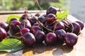 Pile of cherries, leaves on the rustic table, natural sunlight