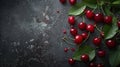 Pile of cherry with leaf and water drops on black stone table. Ripe ripe cherries. Royalty Free Stock Photo