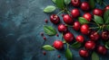 Pile of cherry with leaf and water drops on black stone table. Ripe ripe cherries. Royalty Free Stock Photo