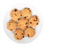 Pile of chocolate chip cookies on a dish isolated on white background. copy space, template Royalty Free Stock Photo