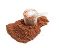 Pile of chocolate protein powder and scoop  on white Royalty Free Stock Photo