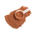 Pile of chocolate protein powder and  isolated on white, top view Royalty Free Stock Photo