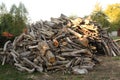 Pile of chopped fire wood prepared for winter. Preparation of firewood for the winter