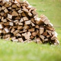 Pile of chopped firewood with green grass Royalty Free Stock Photo