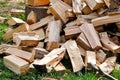 A pile of chopped firewood logs ready for the winter. Cut logs fire wood. Hardwood, wood and lumber industry. Royalty Free Stock Photo