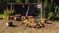 Pile of chopped wood on rural barn.