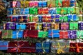 Pile of Christmas gifts colorfully wrapped Merry Christmas