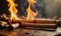 A pile of cigar sticks on a table with fire burning in the background. Royalty Free Stock Photo