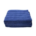 Pile of clean terry bath blue towels isolated on white background, close-up, copy space, concept of cleanliness, bath procedure,