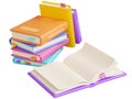 Pile of close paper books and open one with white pages, colorful hard cover and bookmarks lay and stand. 3D render Royalty Free Stock Photo
