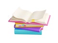 Pile of close paper books and open one with white pages, colorful hard cover and bookmarks lay and stand. 3D render Royalty Free Stock Photo