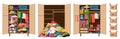 A pile of clothes, a closet littered with clothes and a wardrobe with things neatly laid out on the shelves. Boxes with