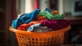 Pile of clothes in plastic laundry basket indoors. AI Generative