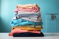 Pile of clothes ready for laundry. Stack of colorful clothes. Laundry day, fabric recycling concept. Fashion industry pollution,