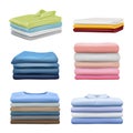 Pile clothes. Realistic fashioned stacked laundry colored clothes pants shirts jackets decent vector pictures set