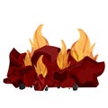 Pile of coal, charcoal burning in flame isolated on white background. Detailed, bright bonfire in cartoon style, clipart