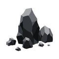 Pile of coal. Fossil stone of black mineral resources. Polygonal shapes. Rock stones of graphite or charcoal. Energy