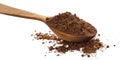 Pile of cocoa powder isolated on white background, cinnamon powder in wooden spoon Royalty Free Stock Photo