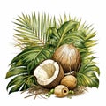 pile of coconuts and palm leaves on a white background Royalty Free Stock Photo